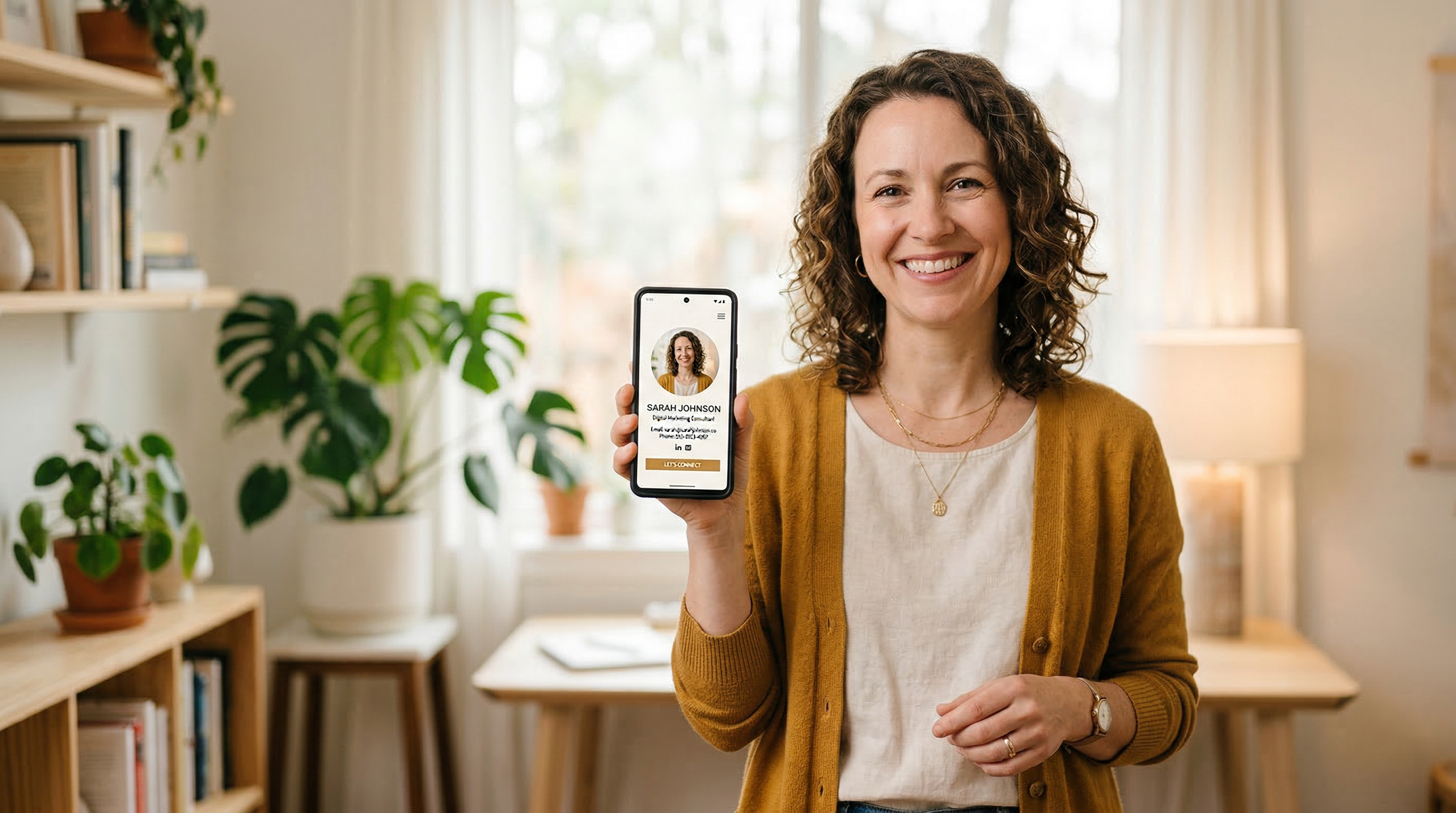 Frau hält Smartphone mit ihrer Web-Visitenkarte